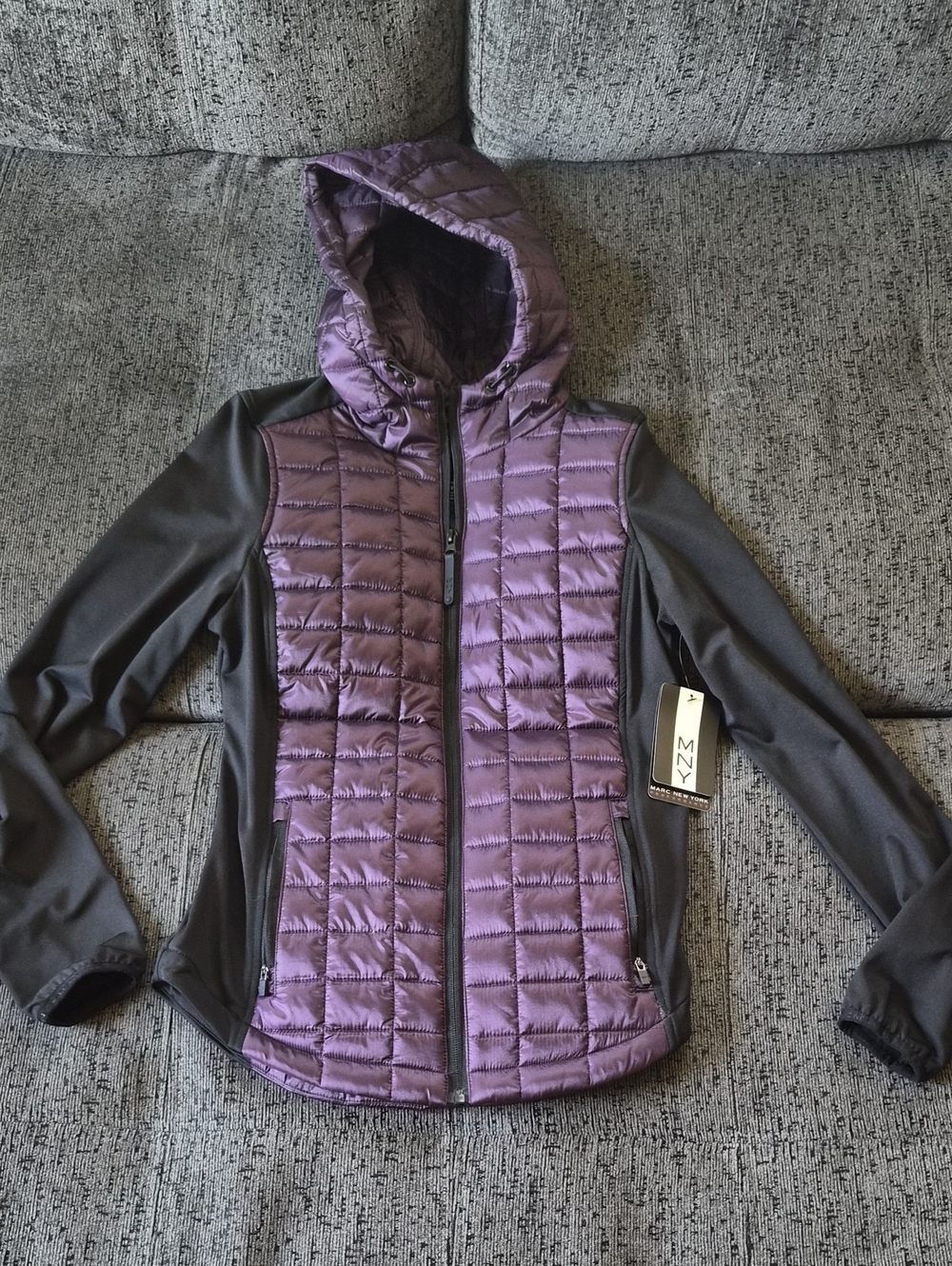 Marc New York Quilted Hooded Jacket in Purple and Black